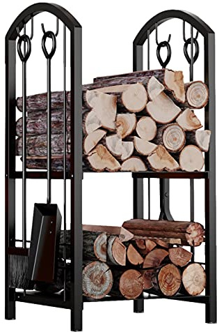 Fire Beauty Fireplace Firewood Log Rack 5-Piece Storage Logs Holder with Tools Set with 4 Tools Set Fireside Holders Wood Lumber Storage Stacking Black
