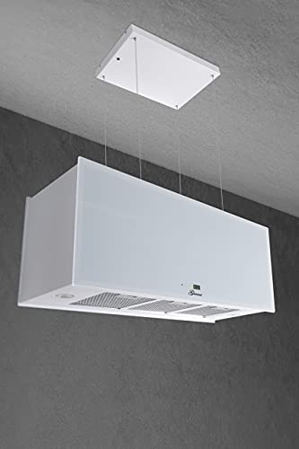 GURARI Inselhaube GCH I 333 90 WH Prime inkl. 2x Umluftset, Dunstabzugshaube 90cm, Deckenhaube, 1000m³/h, Weißglas, 4 Stufen,Display, LED Beleuchtung