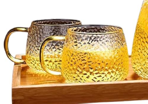 Set of 6 Hammered Glass Mugs Serveware Coffee Textured Glass Tea Cups 400 ml/13.5 oz Diamond Pattern Glass Coffee Cups Vintage Clear Crystal Elegant with Handle Cool Heat-Resistant Latte Cappuccino