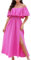 CUPSHE Vestidos de verano para mujer, acampanados, hombros descubiertos, con volantes, vestido largo con estampado tropical, Fucsia, M