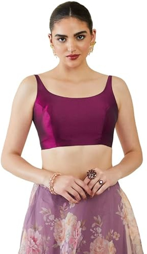 Fashnkart Indian Women's Satin Silk Stitched Sleeveless Solid Plain Blouse Readymade Ethnic Tunic Choli Scoop Neck, Back Open