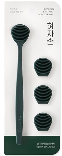DEARCUS Tongue Scraper with 3 Replaceable Heads for Up to 9 Months - Soft BPA-Free TPE Tongue Cleaner, Designed to Reduce Gag Reflex, Helps Freshen Breath & Remove White Coating (Deep Green)