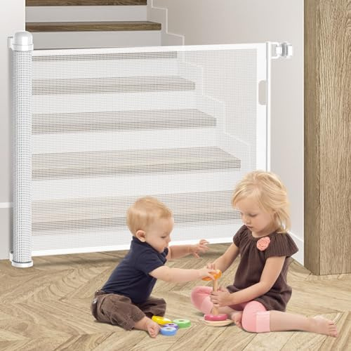 Kidsbuddy Griglia di protezione per scale, estraibile, 0-150 cm, utilizzabile con una sola mano, per neonati e cani, animali domestici, per scale, porte, interni ed esterni, bianco
