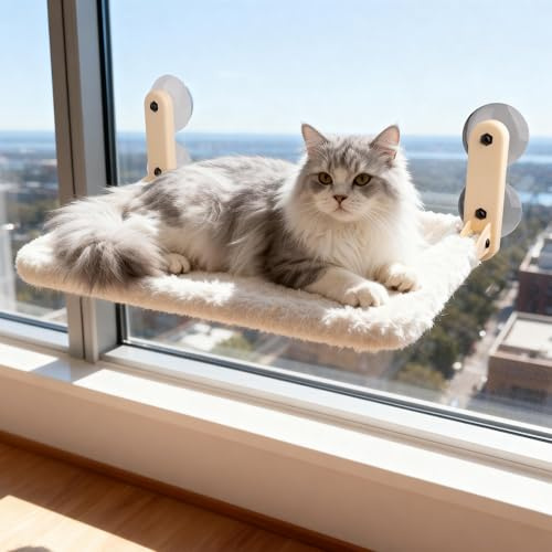 pet prime Cat Hammock Up to 20kgs With Strong Suction Cup (for Smooth Surfaces), Large Cat Window Perch Foldable Kitten Bed with One Soft Warm Plush Cover and One Breathable Cool Mesh Cover
