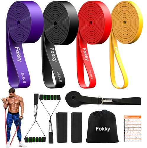 Fokky Fitnessbänder Resistance Bands Set mit 4 Stufen, Widerstandsbänder mit Türanker, Griffen, Schutzhülle, Tragetasche&Trainingsanleitung, Klimmzug Bänder für Stretching/Yoga/Klimmzüge/Krafttraining