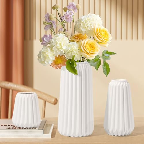 Euakee Set de 3 Jarrones de Cerámica Blanca, Jarrón Decorativo Moderno de Estilo Escandinavo, Jarrones Estéticos para Hierba de la Pampa, Flores Secas u Otras Flores