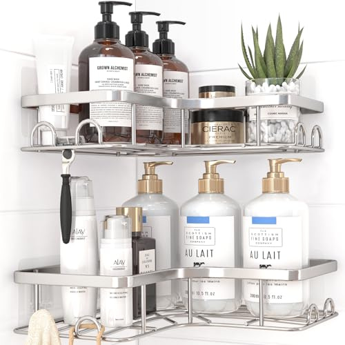 Kitsure Corner Shower Caddy, Rustproof Adhesive Shelf, Large, Silver