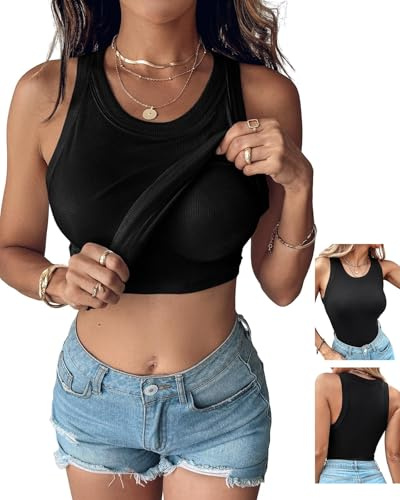 CHICME Tank Tops with Built in Bras Athletic Tank Tops for Women Ribbed Tank Top Running Tops Black-L