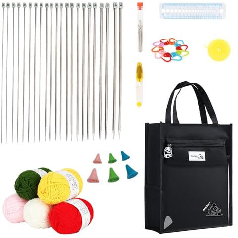 Eidoct Kit de tejer para principiantes, kits de manualidades para adultos, juego de tejer profesional con 11 pares de agujas de tejer de metal de 35 cm de largo, 5 bolas de hilo, herramientas básicas