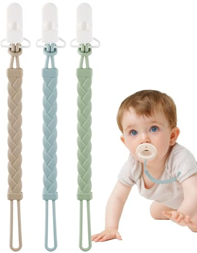 BebeCalin 3 PCS Silicone Dummy Clips, One-Piece Pacifier Holders, BPA Free Soother Chains for Boys and Girls, Ether, Sage and Sand