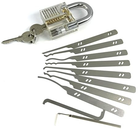 QiDAi Dietrich-Trainingsset mit transparentem Vorhängeschloss, 10-teiligen Lockpick-Werkzeugen und 2 Spannschlüsseln für Anfänger, Schlosser