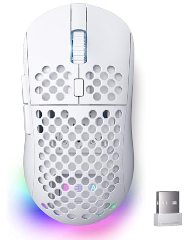 Dierya M1 Mouse Wireless Gaming, Sensore Ottico 24,000 DPI, 90 g Leggero, 6 Pulsanti Programmabili, Illuminazione RGB, Autonomia 180 Ore, 2.4GHz/Bluetooth/USB-C mouse con filo/senza fili, Bianco