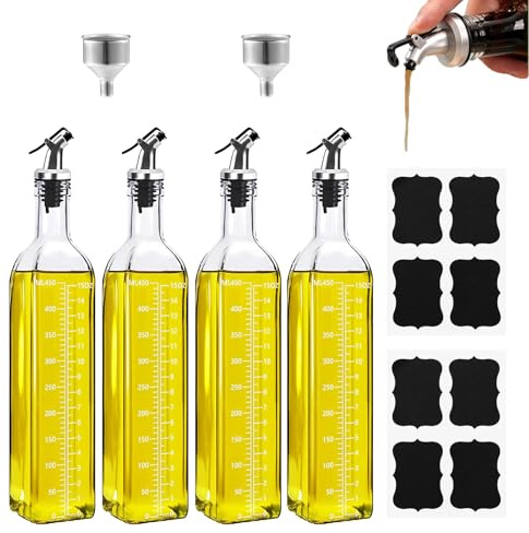 Botella Aceite, 4PCS 500 ML Botella Dispensadora Aceite con embudo, Botella de Aceite de Oliva con Embudo, Dispensadores de Aceite de Vinagre con Embudo, Aceitera de Vidrio con Escala Transparente