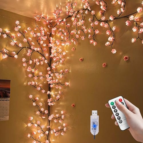 DIY Cherry Blossom Lights,7.55 FT 144 LED Cherry Blossom Tree Branch Light,8 Modes Light Up Pink Wall Decorations for Bedroom,Christmas,Dimmable Vines with Flower Fairy Light,Remote,Timer