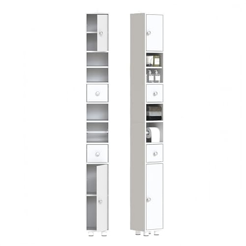 ZECIIYE Badezimmerschrank Schmal,Badschrank Schmal Weiß,Badhochschrank,Badmöbel Für Kleine Bäder mit 2 Türen,2 Schublade und verstellbaren Ablagen,MDF,20X20X180 cm