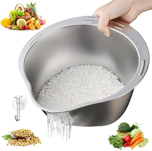 Cuenco de arroz, colador de arroz de acero inoxidable 304 con boquilla, apto para alimentos, cuenco para escurrir y lavar arroz, frutas, verduras, quinua y fideos