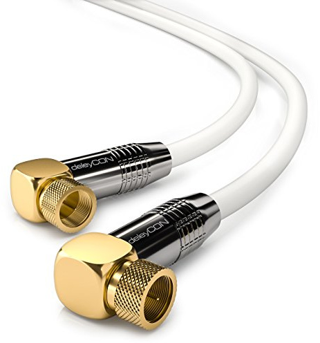 deleyCON 6m SAT Antennkabel - 4K Ultra-HD Full HD HDTV - Satellitkabel Koaxialkabel - 2x Vinklad - F-Kontakt (90° Grad) till F-Kontakt (90° Grad) - Metallkontakter - Vit
