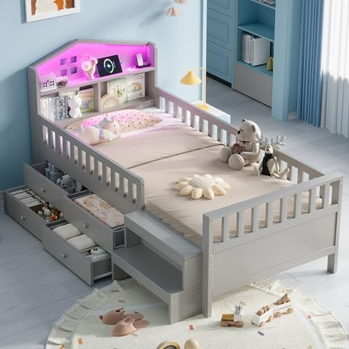 Mrwoo 3ft Single Bed Frame with Headboard Storage and Drawers, Wooden Bed with Charging-Ports and LED-Lighting, Low Loft Bed with Rails and Step Stool, Grey, 90x190cm, (No Mattress) (Grey)