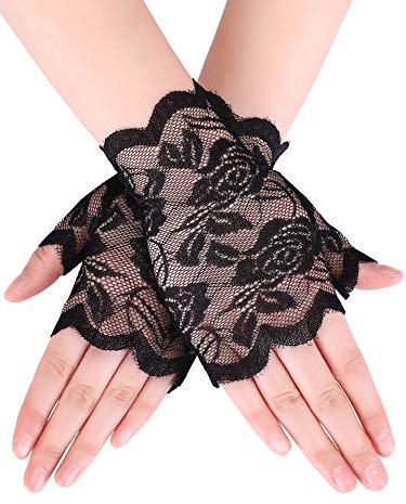 Skylety Short Fingerless Lace Gloves Tea Party Accessories for Women Short Bridal Floral Lace Gloves 80s(Black)