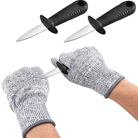 DMFSHI Cuchillo para Ostras, Guantes Resistentes a Cortes, 2 Cuchillos para Deshojar Ostras y 1 par de Guantes Resistentes al Corte de Nivel 5, Herramienta de Apertura para Mariscos y Almejas