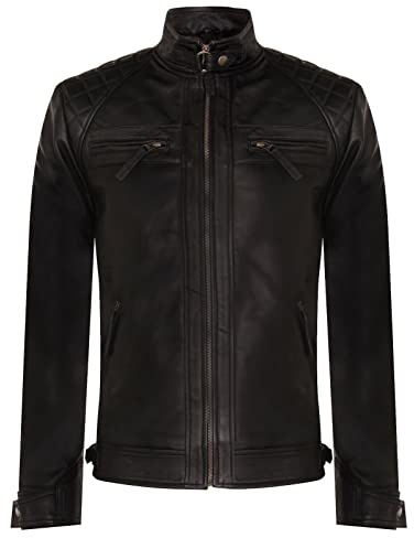 Men's Vintage Black Leather Retro Jacket Classic Racing Quilted Biker Moto Fashion Jacket L