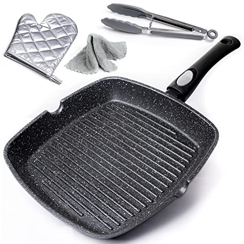 Chef Wonderful Non-Stick (28cm) Griddle Pan for Induction Hob, Marble Coating & Detachable Handle. Aluminium Steak Pan for All Induction Hobs with Tong, Glove & Cloth. Suitable for Gas & Oven Grilling