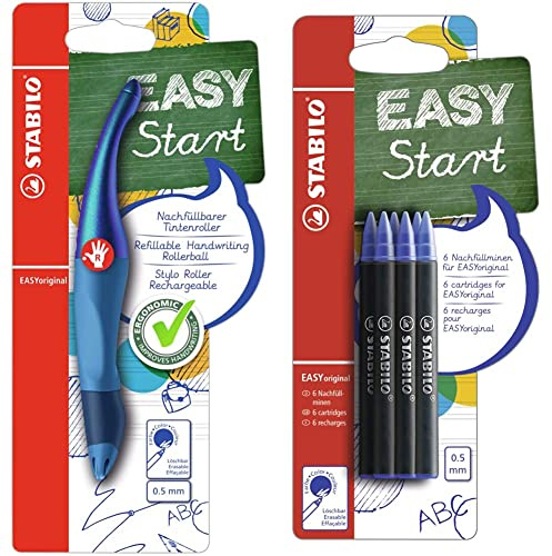 STABILO - Stifte-Set - Ergonomischer Tintenroller für Rechtshänder - EASYoriginal Holograph in blau - blau (löschbar) - inkl. Patrone & Tintenpatronen - EASYoriginal Refill - medium - 6er Pack