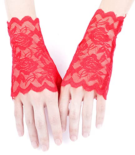 KINBOM Spitzenhandschuhe Fingerlos, Blumenmuster Braut Handschuhe Weiss Spitze für Hochzeit Spitzenhandschuhe Kurz Lace Gloves Fingerless für Damen Teeparty Abschlussball Maskerade, Ein Paar (Rot)