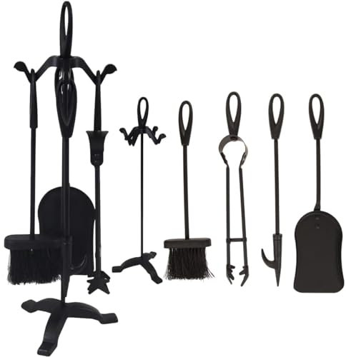 Almineez Traditional Companion Set 5 Piece Fireside Companion Tool Set Cast Iron Fireplace Wood Log Burner Coal Stove Accessories Set Broom, Shovel, Tong & Poker with Stand 5pc Decoration
