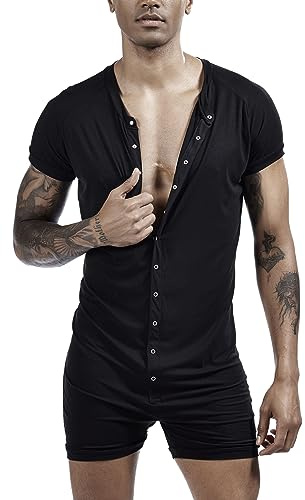 SEAUR Men’s One Piece Sleepwear Knitted Fitted Nightshirt Oneise Henley Jumpsuit Button Down Bodysuit Pajamas Underwear Overalls Outfits Black XX-Large
