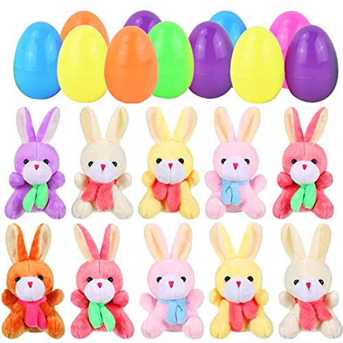 liuer Ostereier Plastik, 10PCS Ostereier mit Hase Plüschtier,Ostereier zum Befüllen Stofftier Hase,Kaninchen Kuscheltier Ostern Dekoration Ostern Partyzubehör Geschenk für Kinder (B)