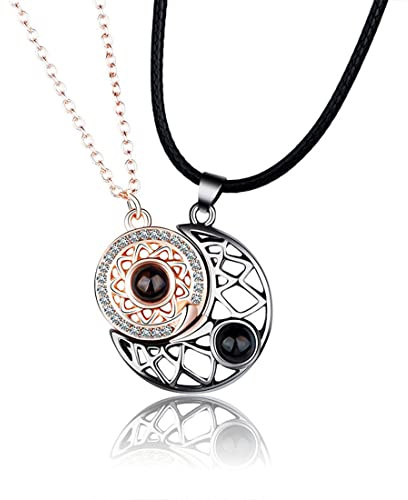 Collana Coppia Magnetica Sole e Luna, Proiezione Collana ti Amo in 100 Lingue Gioielli, Collana Cuore Novità per Coppie e Migliori Amici.
