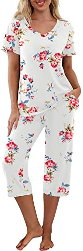 PrinStory Womens Pyjamas Set Short Sleeve T Shirt and Capri Pants Loungewear Sleepwear Pjs Sets with Pockets