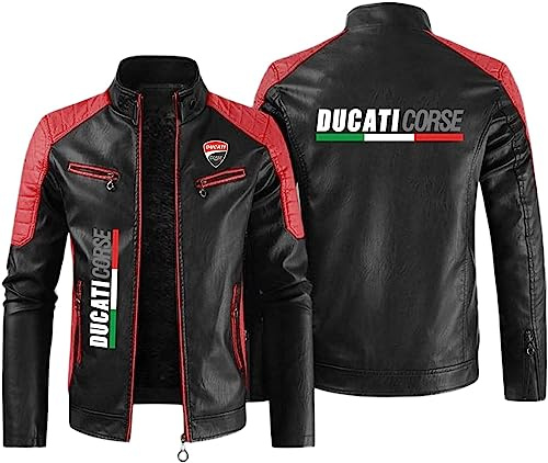 SHMIZZ Giacche in pelle da uomo Cappotti da moto per Ducati -Stampa Antivento Giacca Collo alto Spesso Caldo Felpe Outwear - Teen Regali A||XL