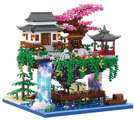 Minxtech Pfirsichblüten Teich Architektur Mini Baustein, 3320 Teile Peach Blossom Pool Klemmbausteine Haus Modell, Modular Architektur Spielzeug Nicht Kompatibel mit Mainstream Marken