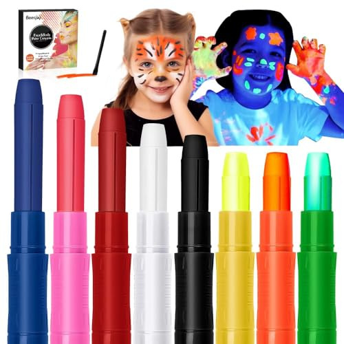 Trucco per Bambini, Pastelli Pigmentati Fluorescenti UV, Maquillage Enfant 8 Colori (3 Fluorescenti + 5 Classici), Trucco natalizio per Bambini e Adulti, Compleanni, Trucco Cosplay, Pasqua, Halloween