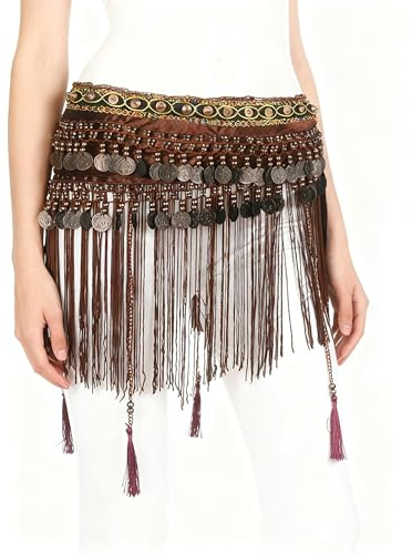 Baisdan Cintura da Donna in Stile Nazionale con Nappa, per Danza del Ventre, Stile Nazionale, in Velluto, Marrone, L-XL
