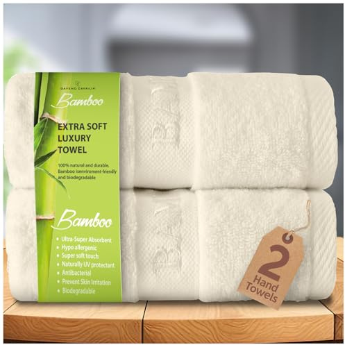 GC GAVENO CAVAILIA Bamboo Hand Towels 2 Pack - 500 gsm Highly Absorbent Towels For Bathroom (50x80 Cm) - 60% Bamboo, 40% Cotton Towels Bale Extra Soft - Cream