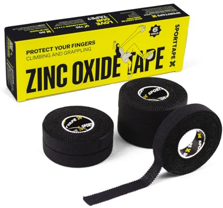 SPORTTAPE Tape Sportivo per Dita 6 Rotoli 1,25 cm x 10 m Nero – Nastro Dita rigido in ossido di zinco per BJJ, Arrampicata, Golf & Canottaggio – strappabile a mano, protezione dita e pollici