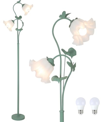 HMVPL Flower Floor Lamp for Living Room, Vintage Floor Lamp with 2 LED 5W Blubs, Foot Switch, Green Standing Lamp with Acrylic Shade, Unique Floral Tall Lamp for Living Room Bedroom Corner Office
