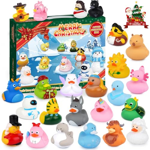 Jul Adventskalender 2024, Julkalender med 24 st Små Saker Gummianka Leksak, Adventskalender för Barn, Jul Nedräkningskalender med Överraskningsleksak