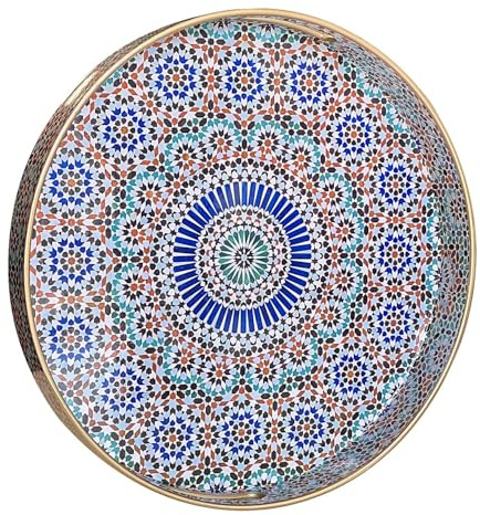 Simmer Stone Rundes Dekoratives Tablett, Kunststoff mit Griffen, Modernes Schmink- und Serviertablett für Ottoman, Couchtisch, Küche und Badezimmer, Größe 33 cm (Marokko Multi)