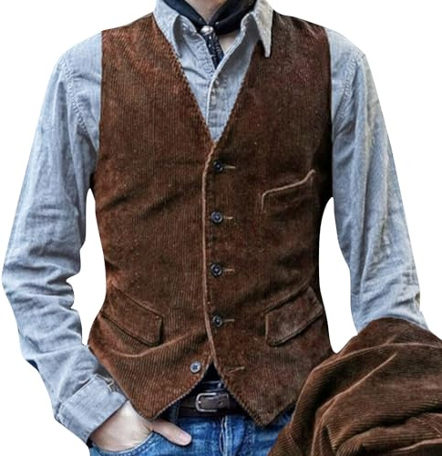 RUMAOZIA Chaleco de pana para hombre, chaleco vintage, chaqueta informal, chaleco retro, chaleco de traje con cuello en V, informal, marrón, estilo informal, estilo tradicional, chaleco clásico, O