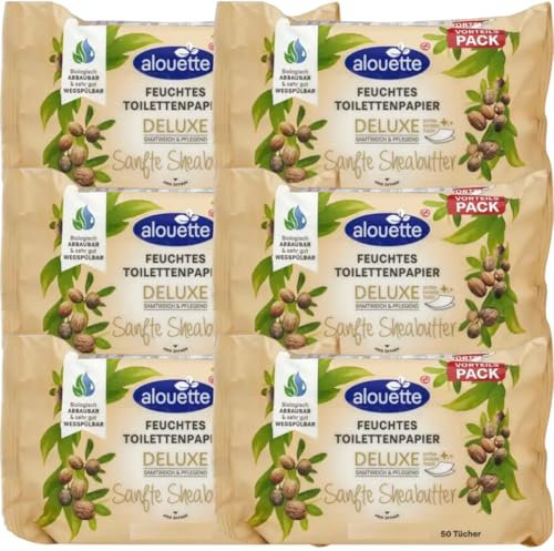 Alouuette Deluxe feuchte Toilettentücher mit Sheabutter Duft Sensitiv Feuchttücher 50 Stück, 6 Packs