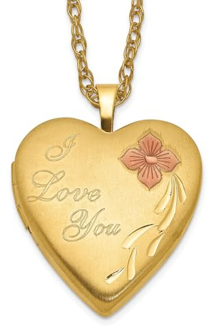 Jewelry Affairs Collier médaillon en forme de cœur en or jaune 14 carats avec gravure « I Love You », 20 mm, fleur rouge, 45,7 cm, petit, rempli d'or jaune, sans pierre précieuse