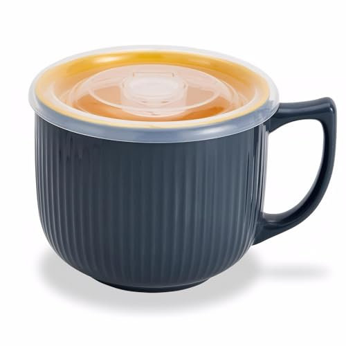 900mL Soup Bowl,Ceramic Soup Mug,Microwave Mug with Lid,Large Porridge Bowls with Handle,Microware Cup Containers for Ramen,Noodle,Oatmeal,Yogurt,Cereal,Salad,Breakfast (Grey)