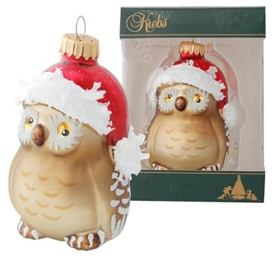 Krebs Glas Lauscha - Weihnachtsdekoration/Christbaumschmuck aus Glas - Weihnachtsbaumanhänger Eule - Motiv: Eule mit Mütze - Größe: ca. 9 cm