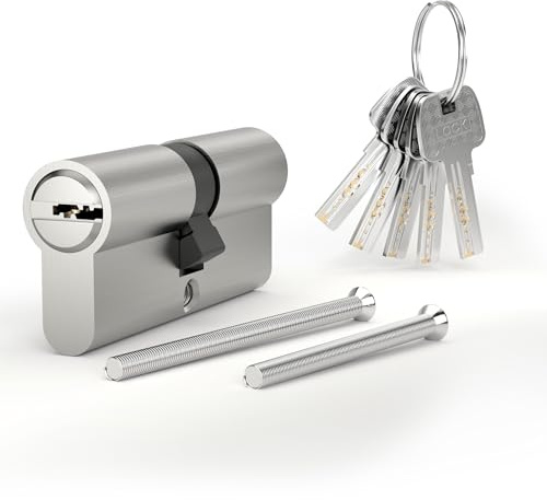 AwmnSrman Schließzylinder 35/35,Türzylinder Beidseitig Schließbar, Zylinderschloss mit 5 Schlüsseln, Schließzylinder Beidseitig Schließbar, Euro Messingzylinder Satin Nickel Finish Querlöcher