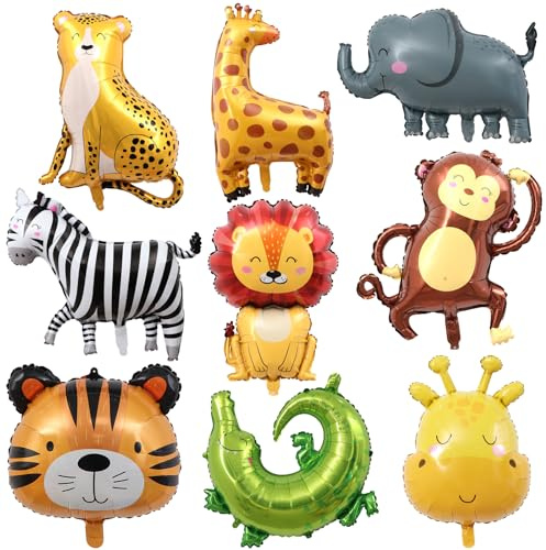 9 Ballon Animaux Jungle, Animal Feuille D'aluminium Ballons, XXL Ballon à Hélium lion Tigre Girafe Crocodile Zèbre Singe, Animauxs de La Forêt Ballons pour Décoration Anniversaire Garçon Fille Jungle