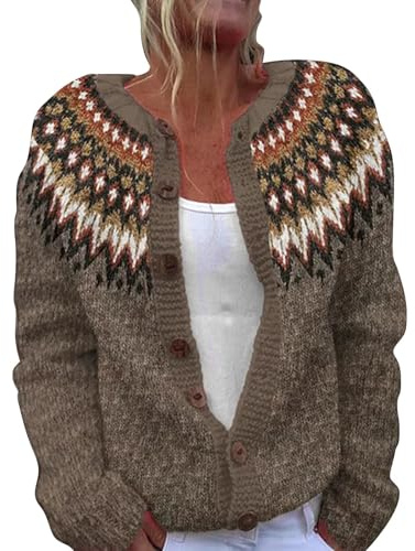 Generisch Cardigan da donna, maglione norvegese, elegante, casual, cappotto a maglia, maglieria jacquard, classico, colorato, a maniche lunghe, cardigan lavorato a maglia con bottoni, cardigan da